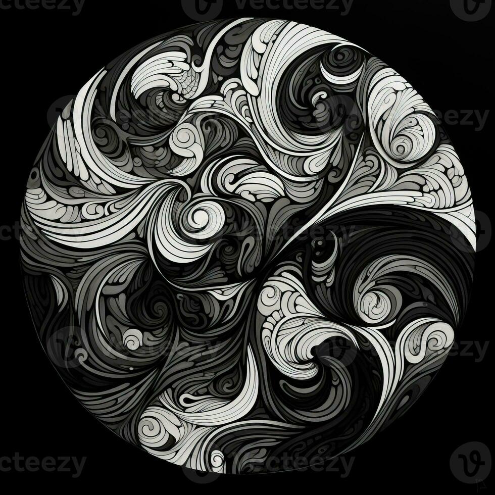 AI generated Abstract circle with wavy pattern in black and white colors. Surrealist style photo