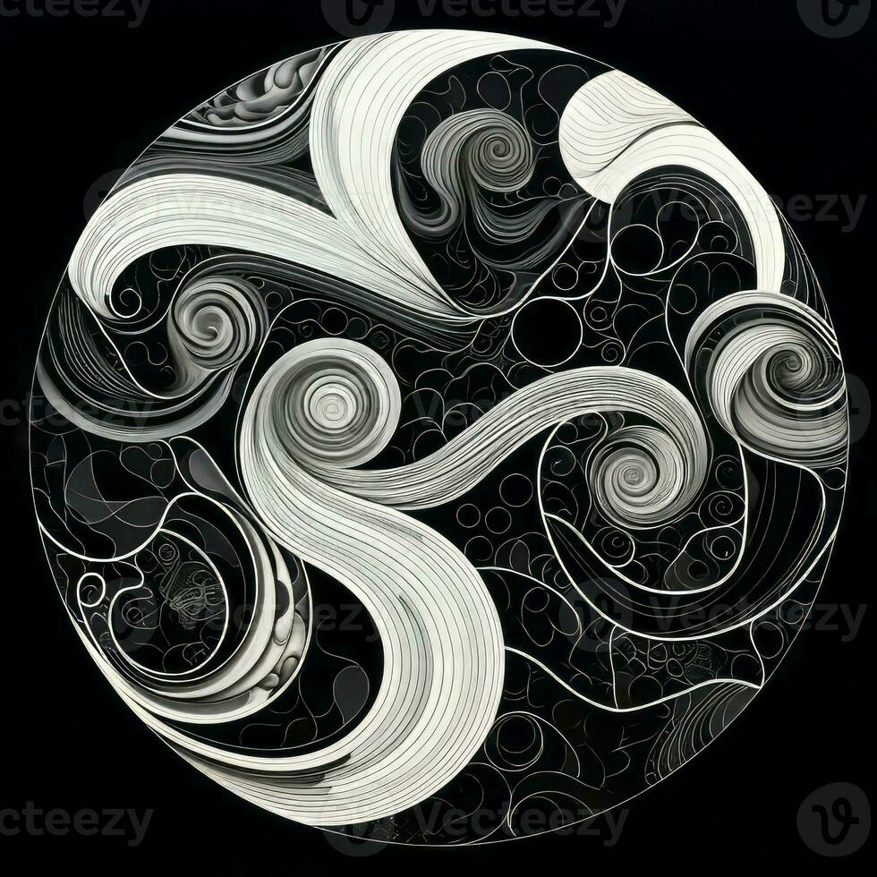 AI generated Abstract circle with wavy pattern in black and white colors. Surrealist style photo