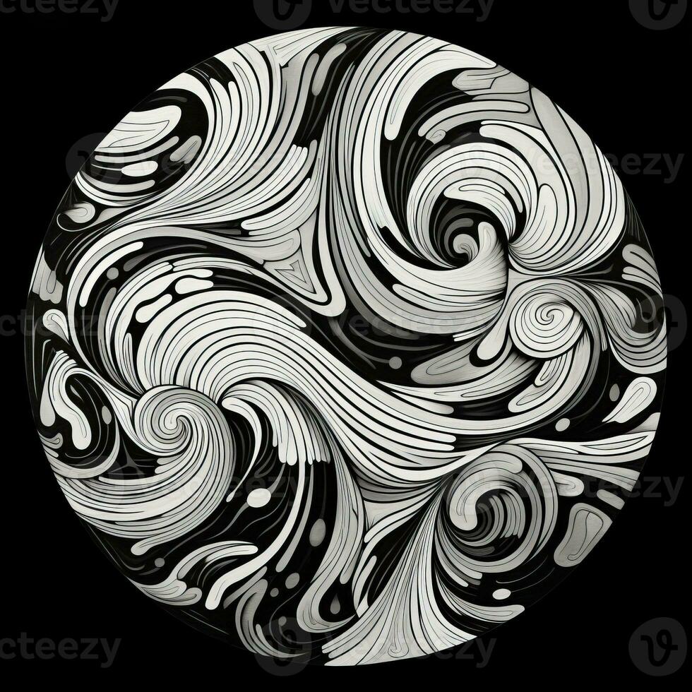 AI generated Abstract circle with wavy pattern in black and white colors. Surrealist style photo