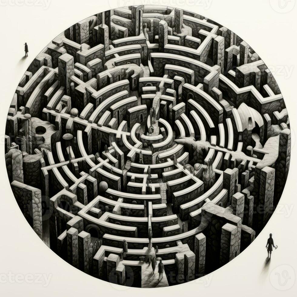 AI generated Black and white grunge geometric tribal labyrinth. Surreal style. photo