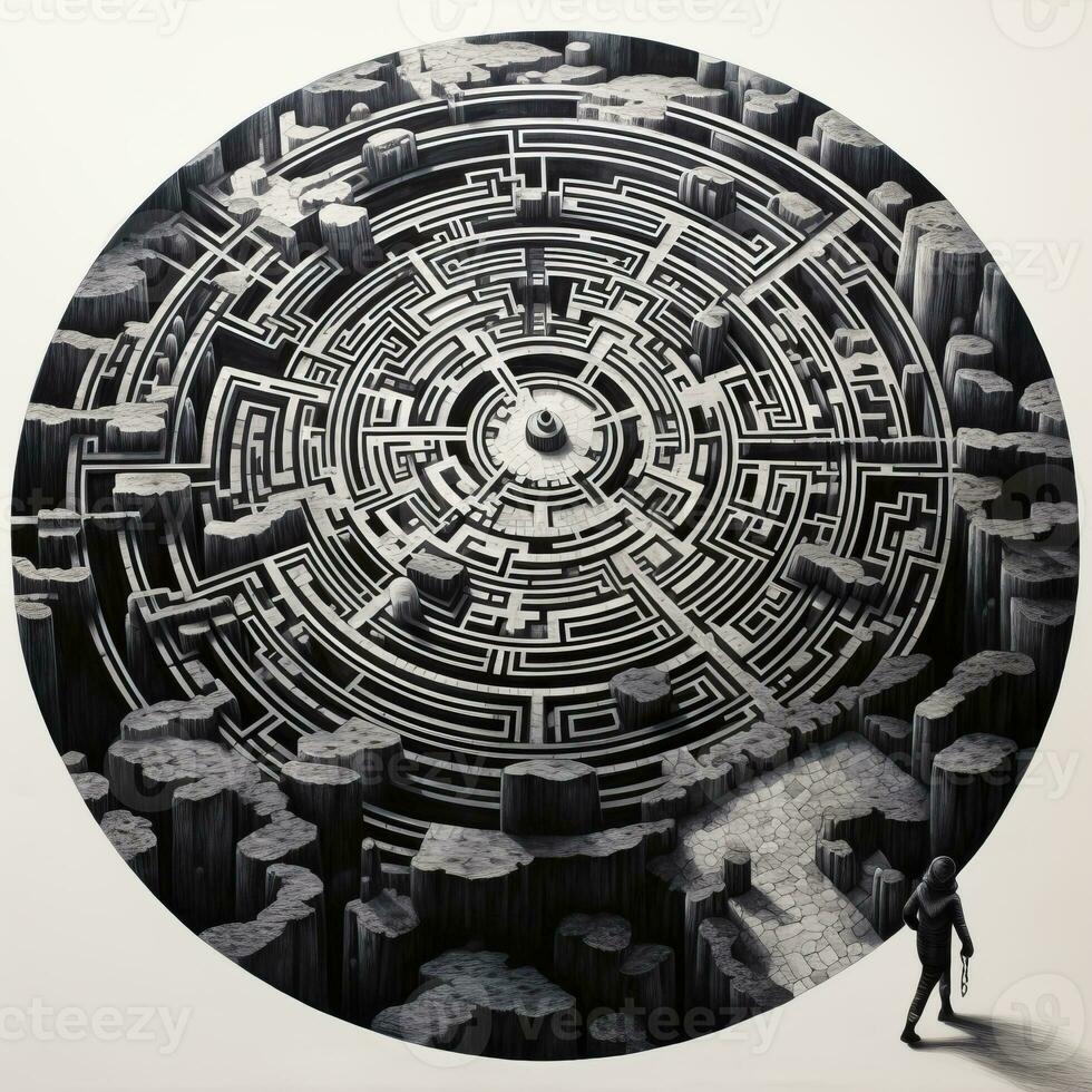 AI generated Black and white grunge geometric tribal labyrinth. Surreal style. photo