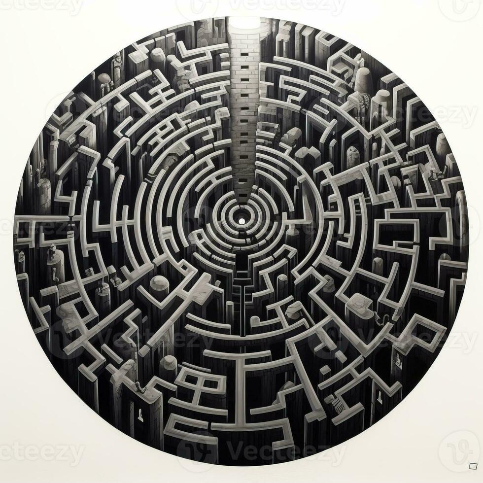 AI generated Black and white grunge geometric tribal labyrinth. Surreal style. photo