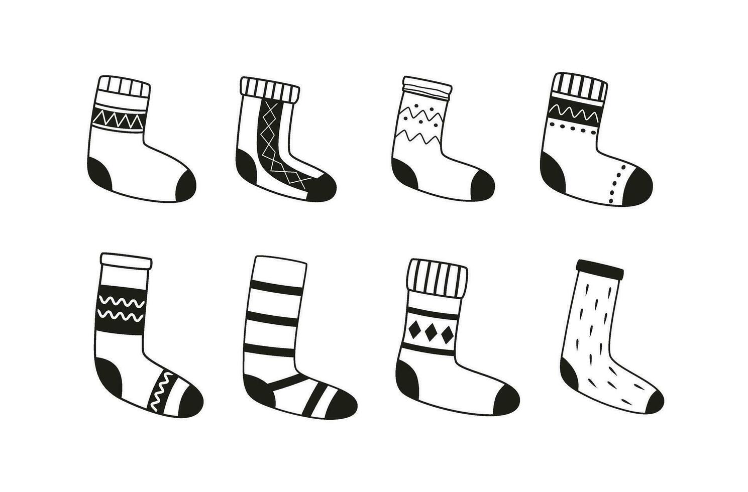 Linear winter knitted socks and stockings. Warm foot wear. Cold season essentials. Outline doodles. Line art. Christmas time, New Year. vector