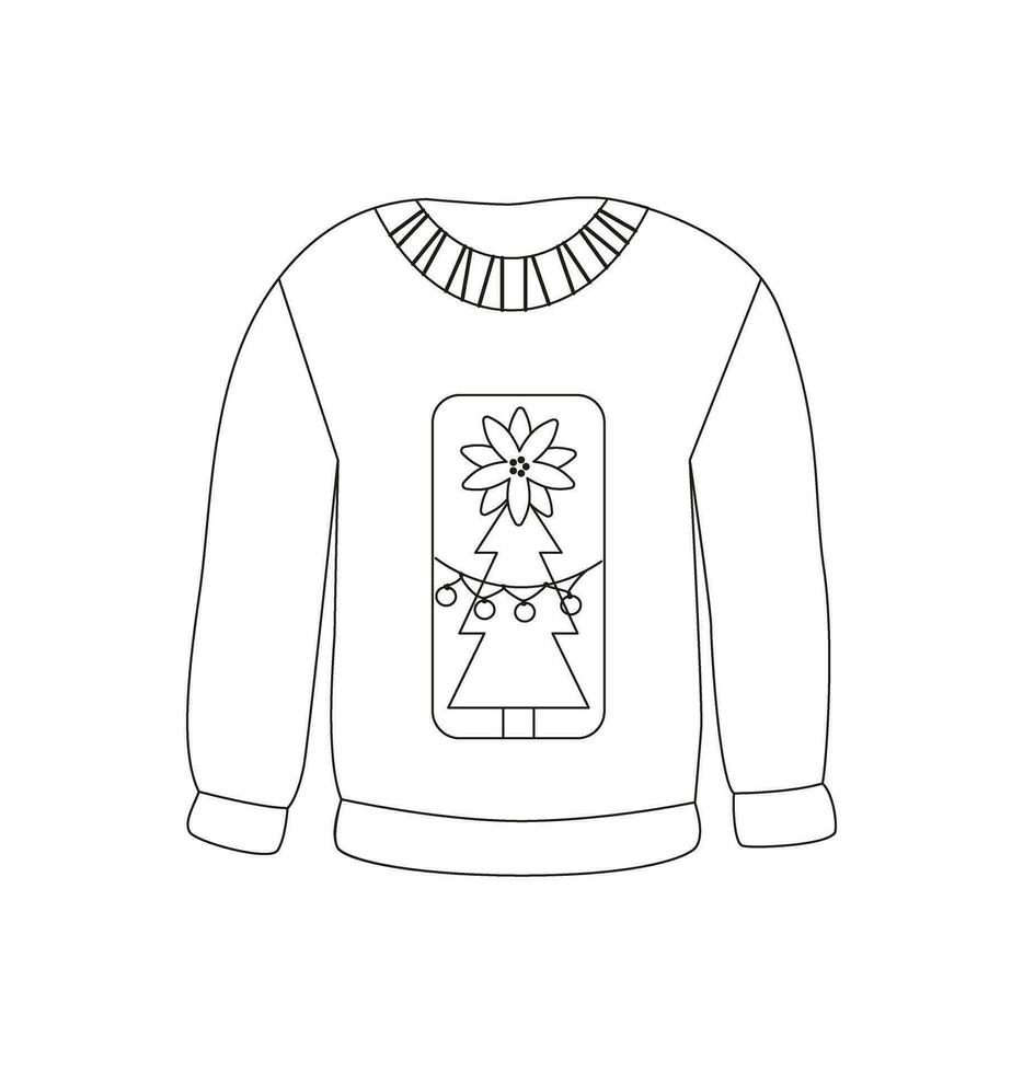 Outline ugly sweater, pullover, jumper with Christmas tree print. Winter basic essentials. Cozy clothing. Line art. Linear drawing. Doodle, icon. vector