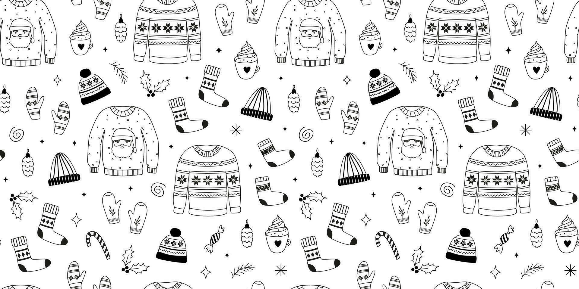 Autumn and winter clothing seamless pattern. Sweater, hat, mittens, socks. Christmas and New Year doodles. Hand-drawn line art. Outline winter apparel. Background, banner, digital paper. Coloring book vector
