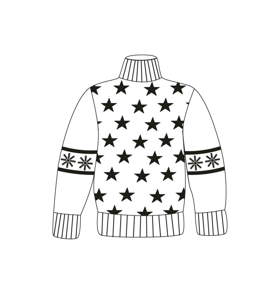 Linear ugly turtleneck warm sweater with stars pattern. Winter cozy pullover, jumper. Basic essentials. Cozy clothing. Line art. Outline drawing. Doodle, icon, sketch. Christmas holidays. vector