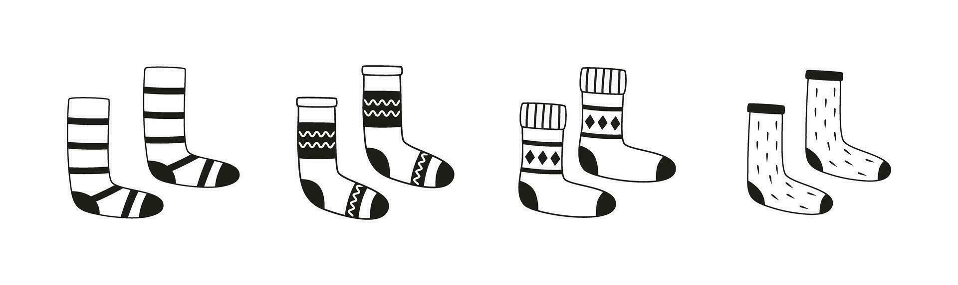 Linear woolen winter socks. Autumn and winter essentials. Cozy season. Outline doodles, hand drawn contour. Line art. vector
