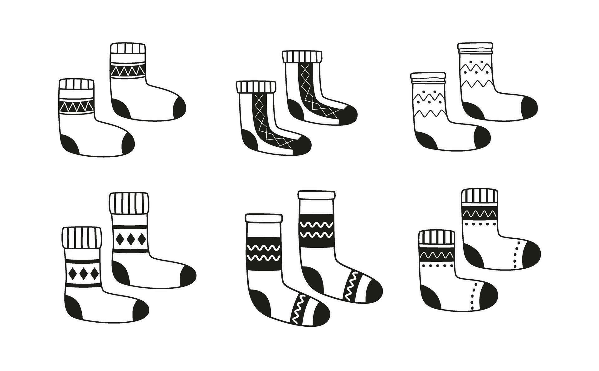 Linear winter socks and stockings. Winter clothing essentials. Foot wear. Outline doodles. Line 