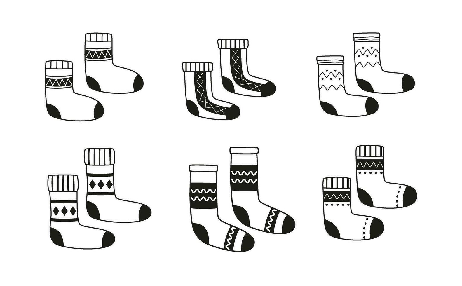 Linear winter socks and stockings. Winter clothing essentials. Foot wear. Outline doodles. Line art. Christmas time, New Year. vector