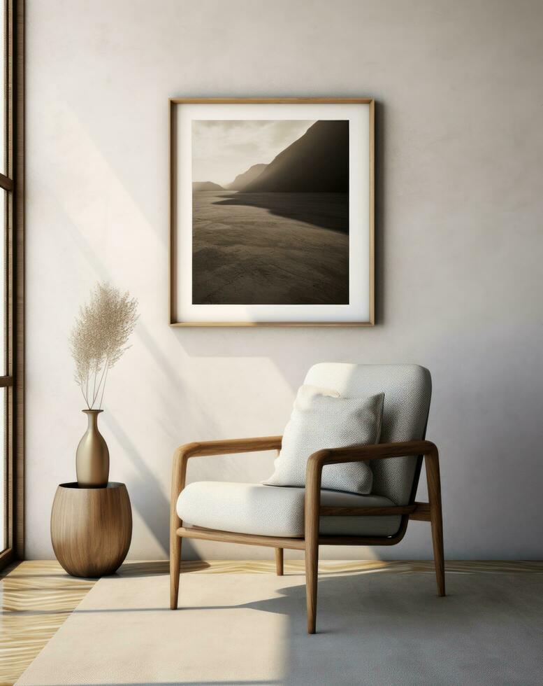 AI generated rendering of a room with a chair, chair, wall frame and neutral bedding photo