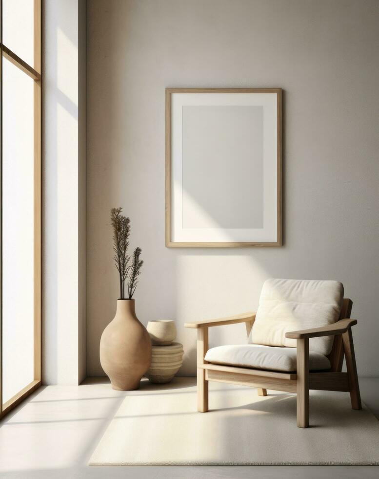 AI generated rendering of a room with a chair, chair, wall frame and neutral bedding photo