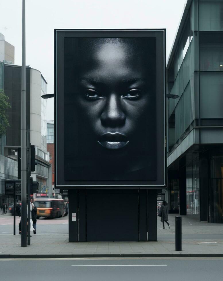 AI generated a black advertisement billboard in the middle of the city, photo