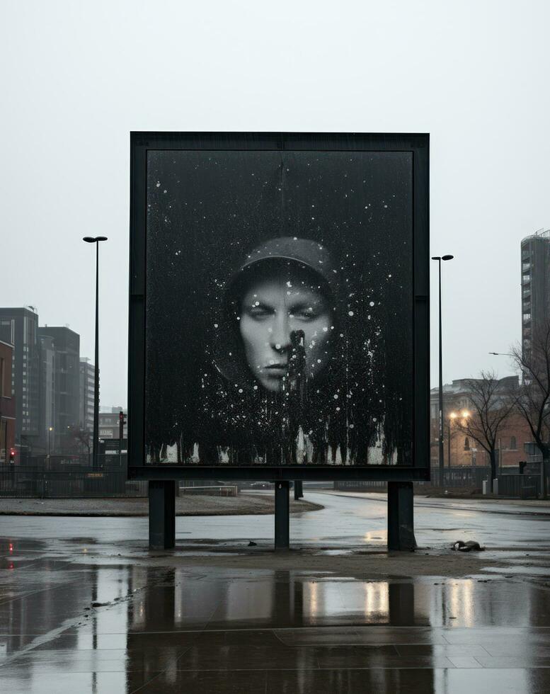 ai generado un negro anuncio cartelera en el medio de el ciudad, foto