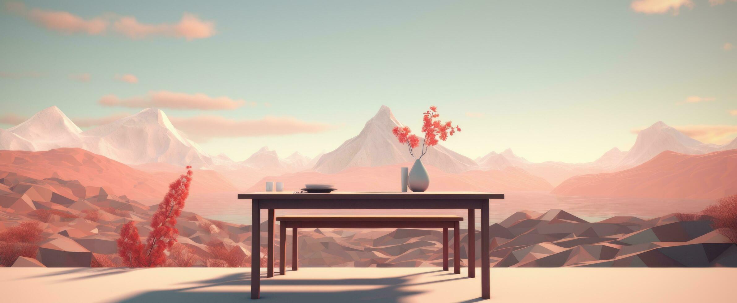 AI generated a screen shot that shows a mountain area and a table photo