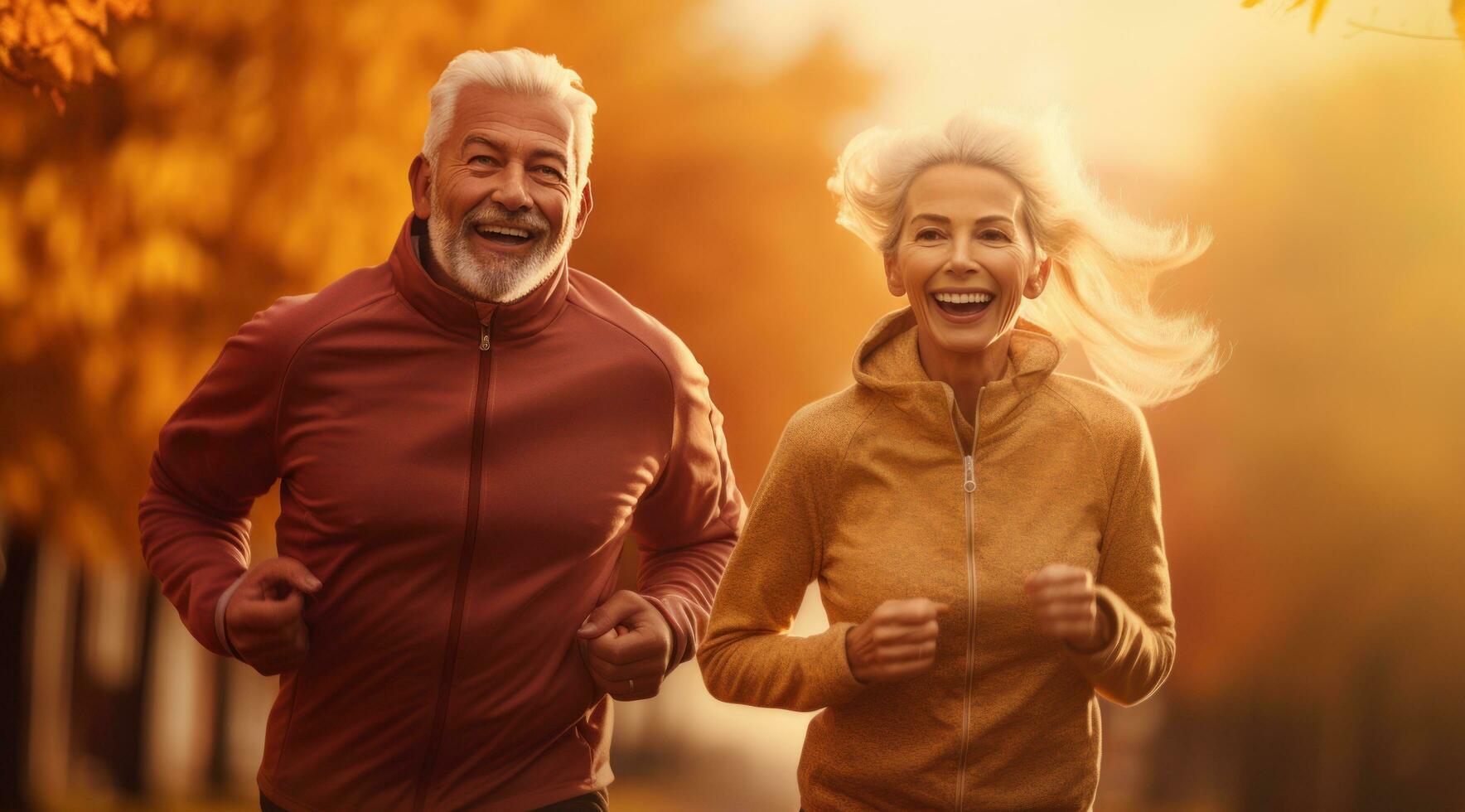 AI generated a retired couple jogging together in a park, photo