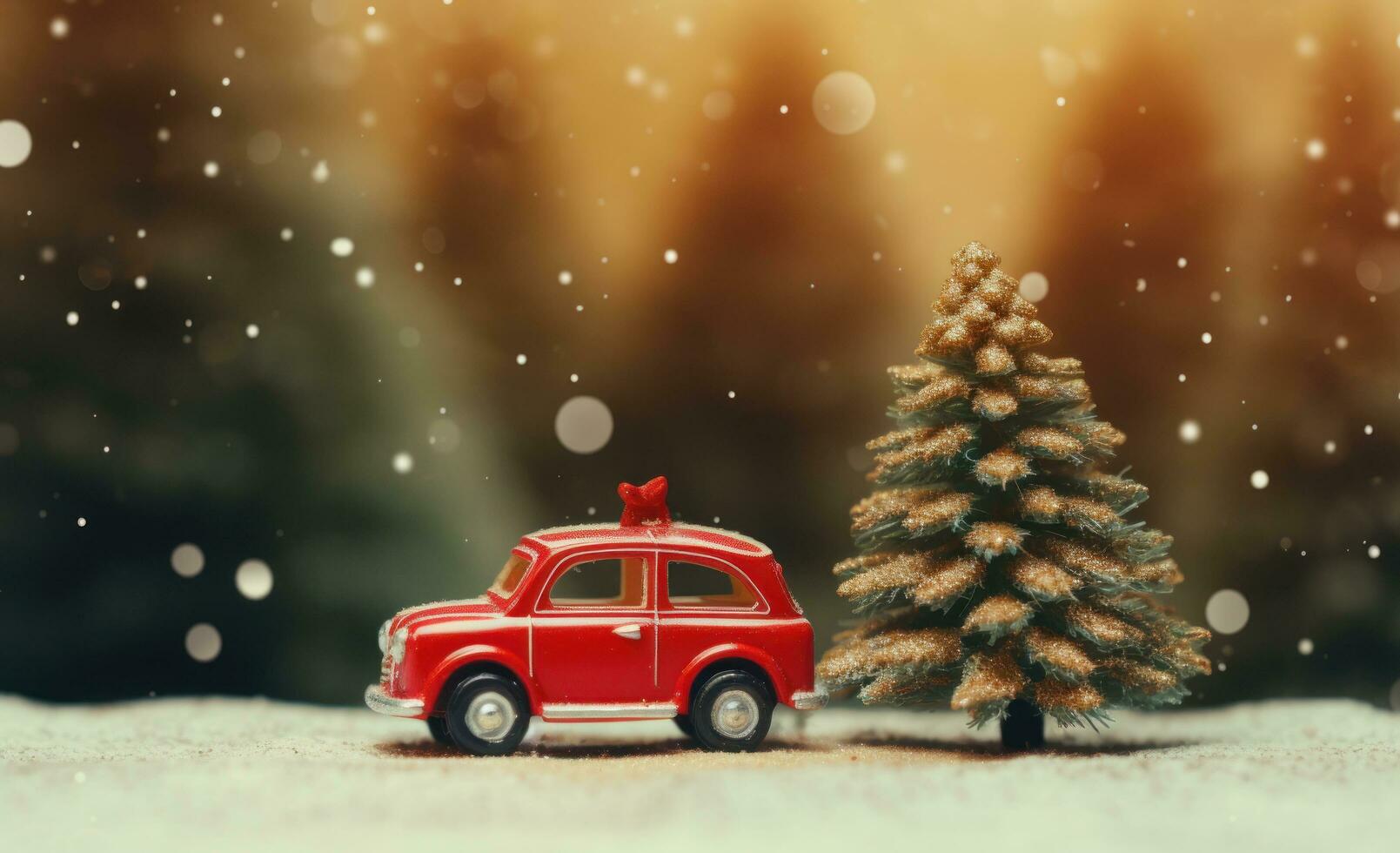 AI generated a red car with christmas tree sitting on top, driving through the woods, photo