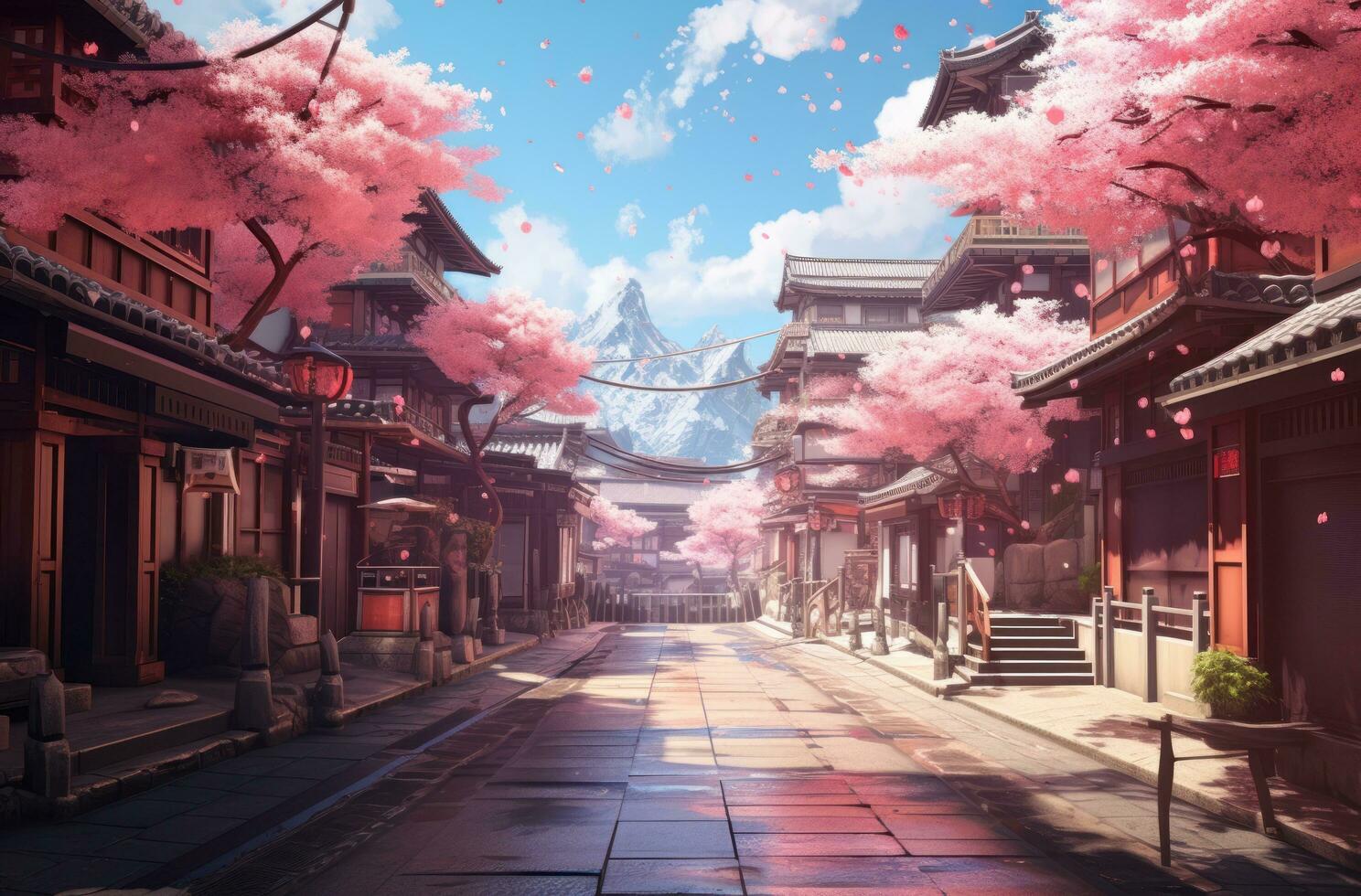 AI generated a street  in spring with blossoming cherry trees in bloom, photo