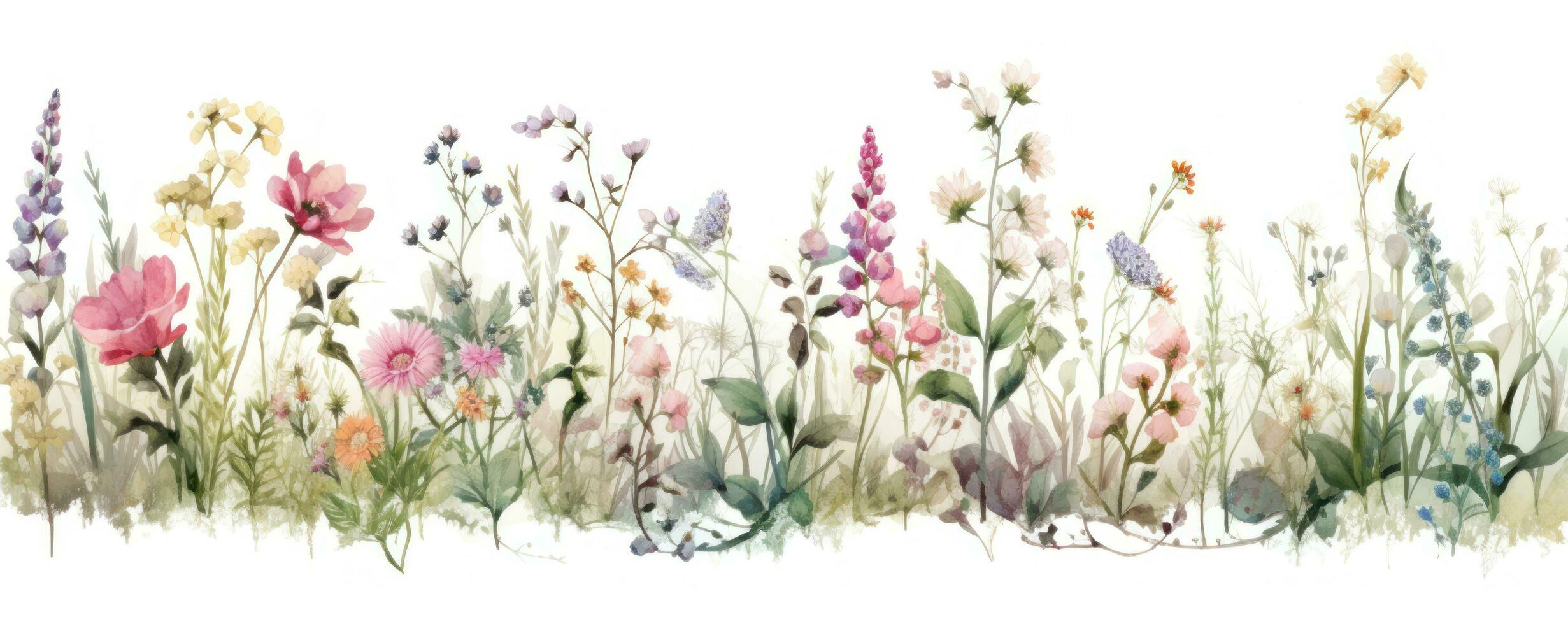 AI generated a watercolor watercolor wildflower border with pink flowers, photo