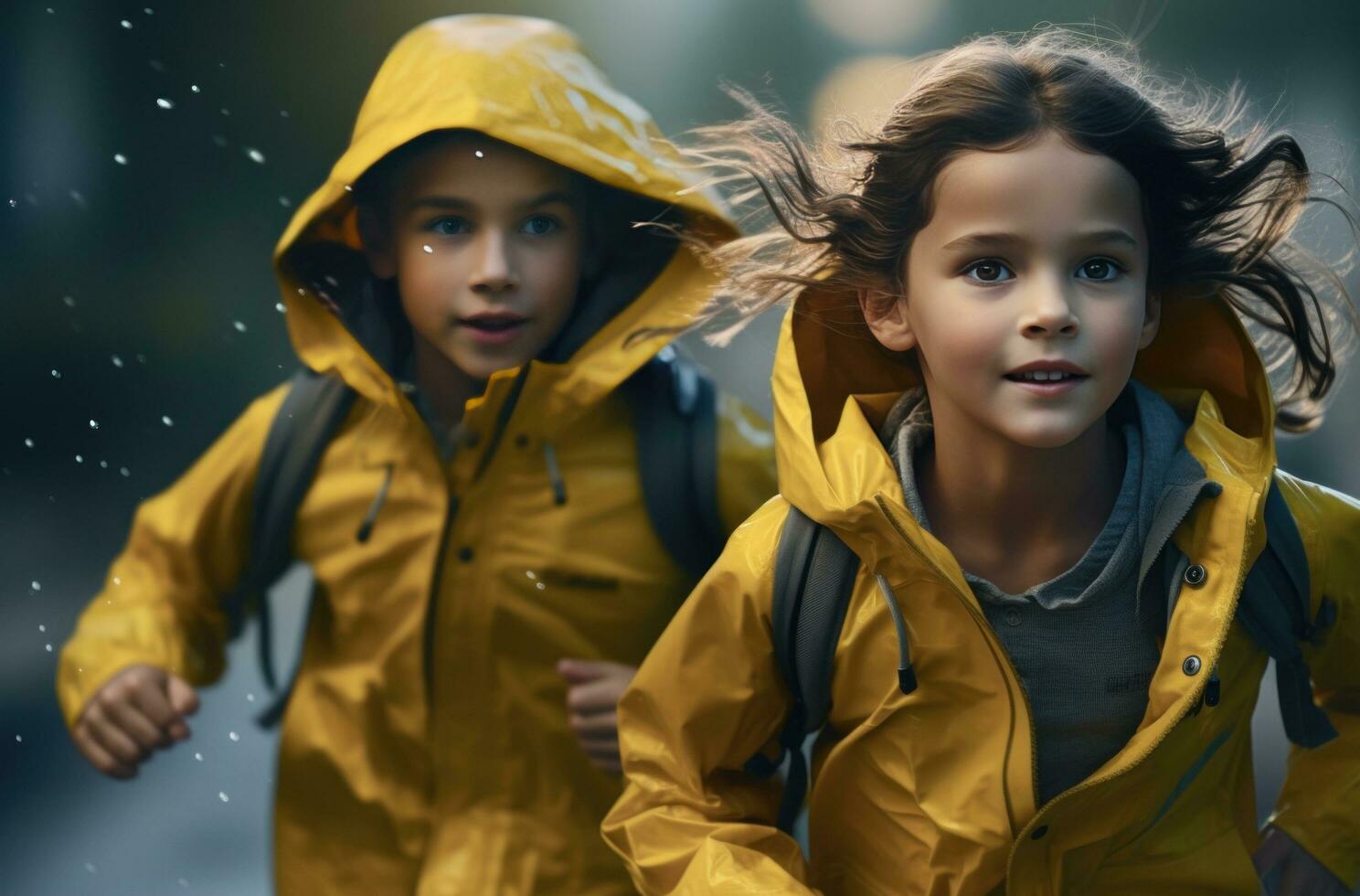 AI generated two young girls playing in rain, photo