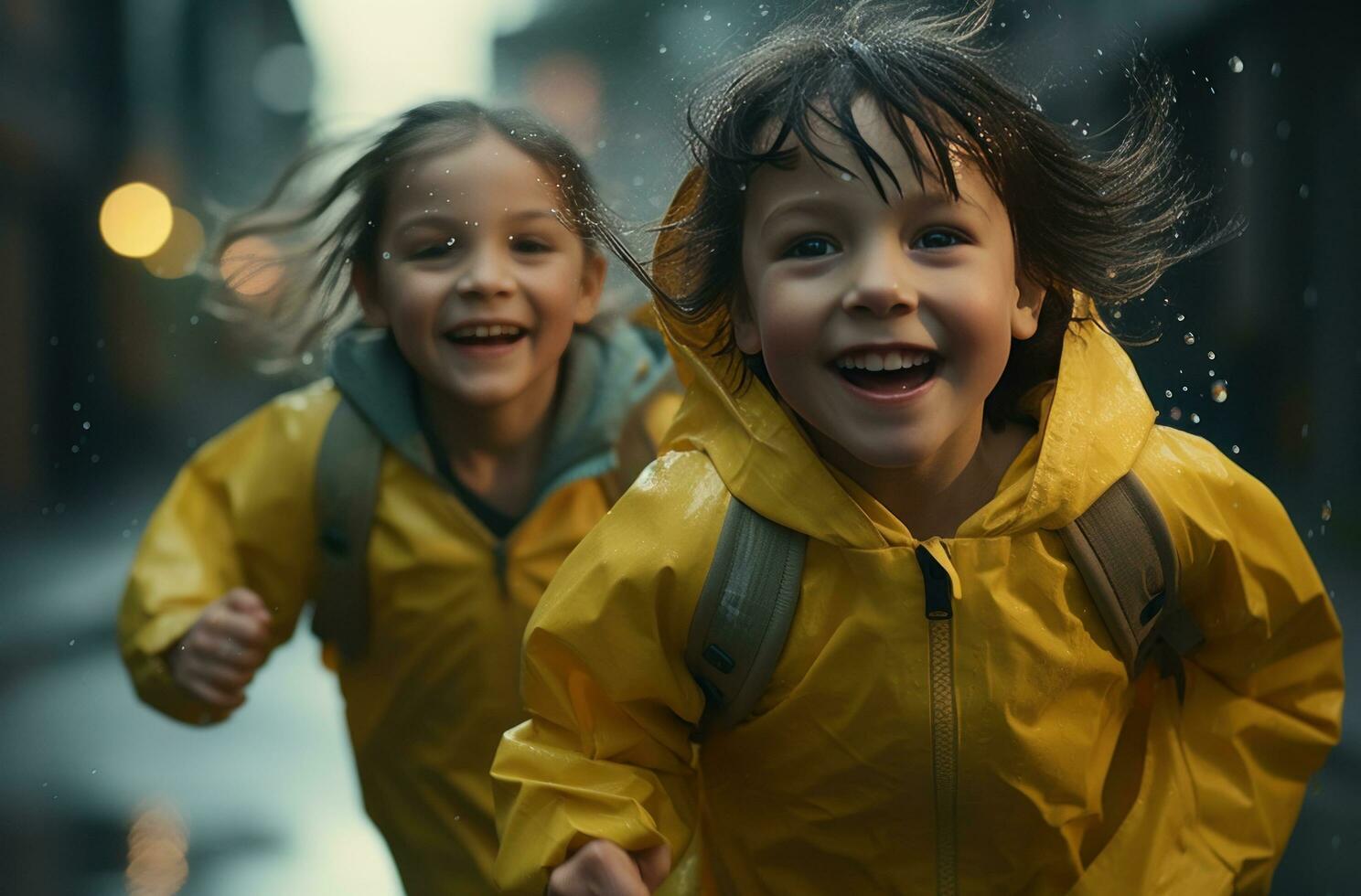 AI generated two young girls playing in rain, photo