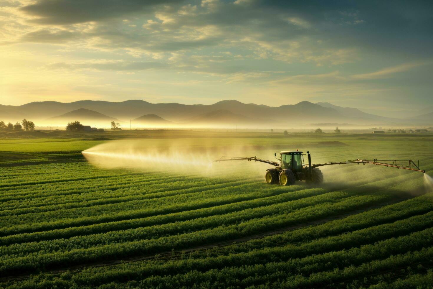 AI generated a tractor spraying an agricultural field at sunset, photo