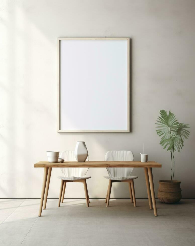 AI generated empty dining room with a frame and a rug, photo