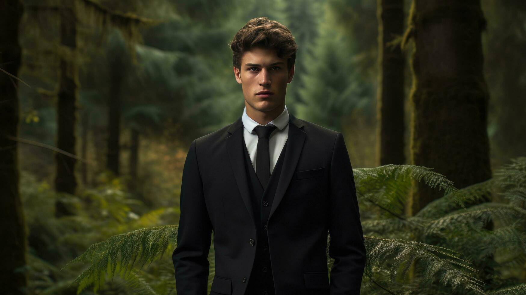 AI generated a young man standing in a forest, photo