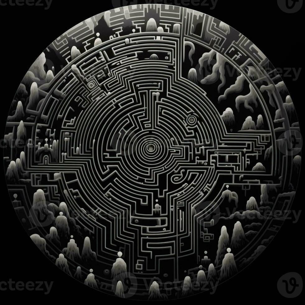 AI generated Black and white grunge geometric tribal labyrinth. Surreal style. photo