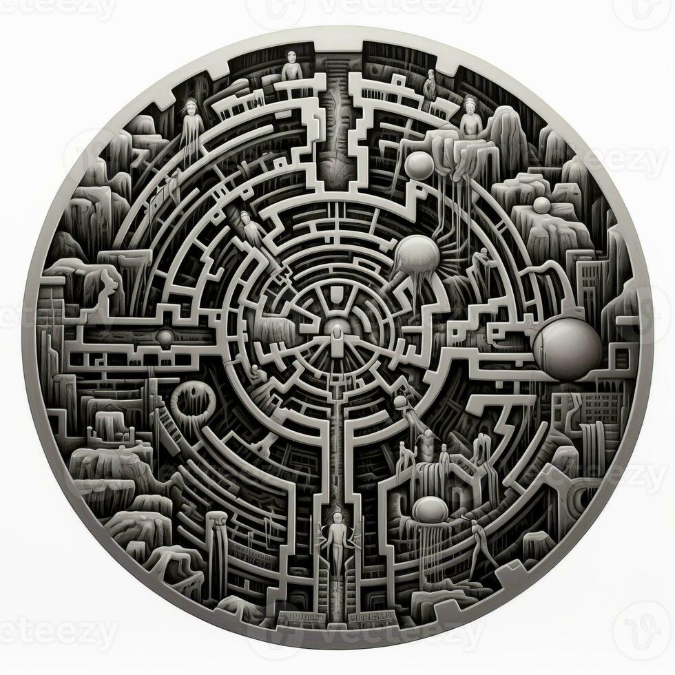 AI generated Black and white grunge geometric tribal labyrinth. Surreal style. photo