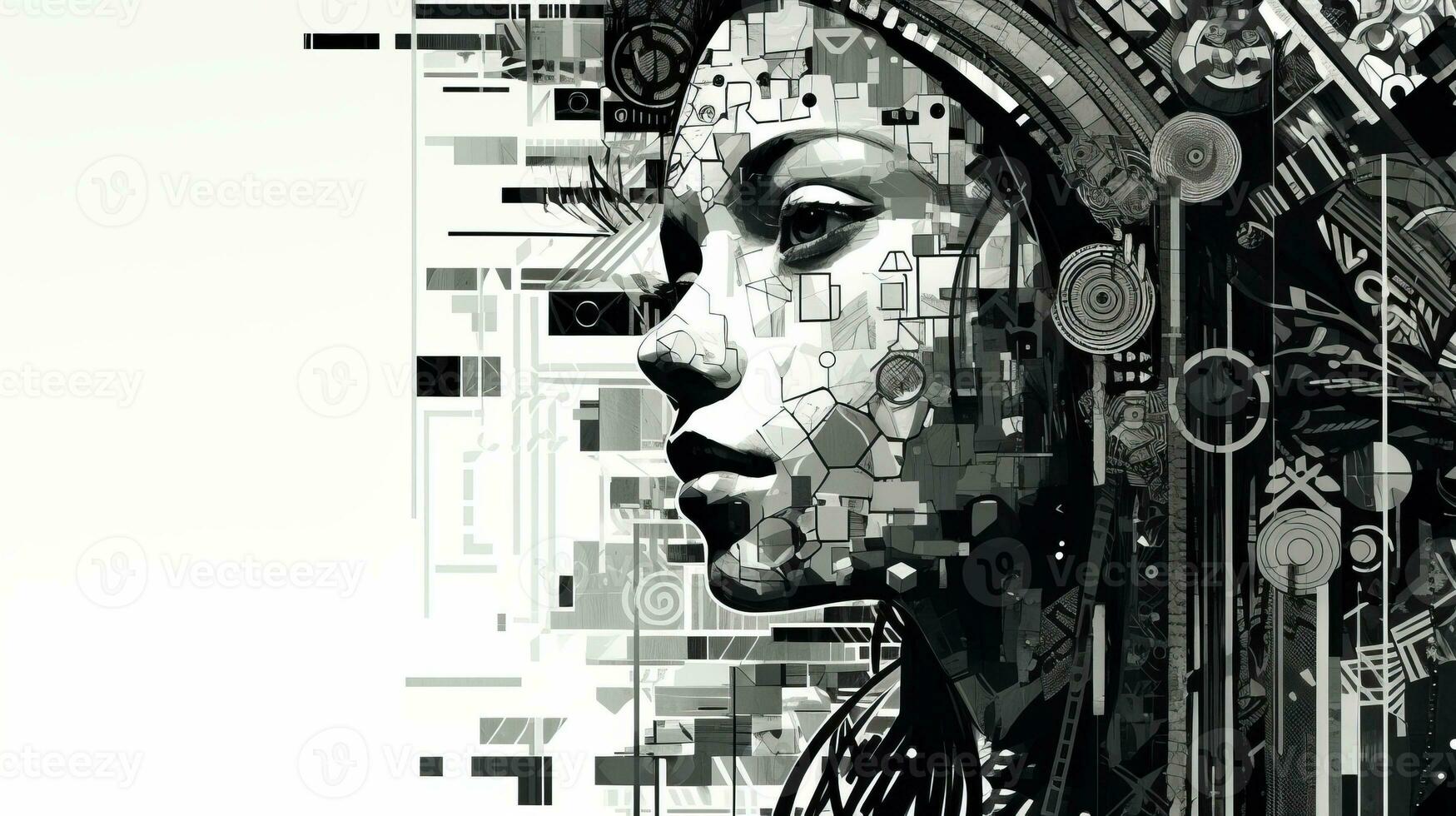 AI generated Woman face in a black and white version. Abstract geometric design photo