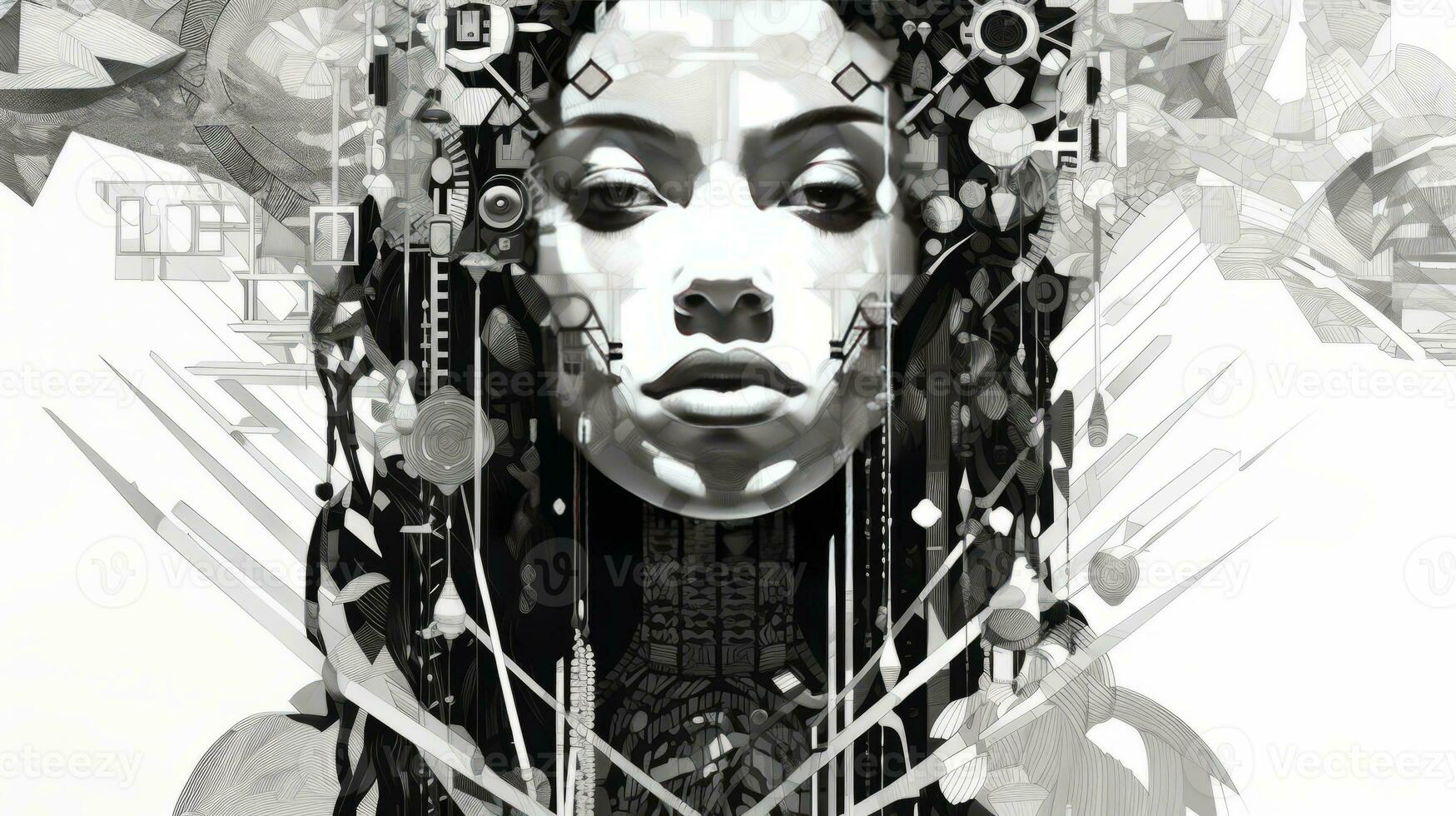 AI generated Woman face in a black and white version. Abstract geometric design photo