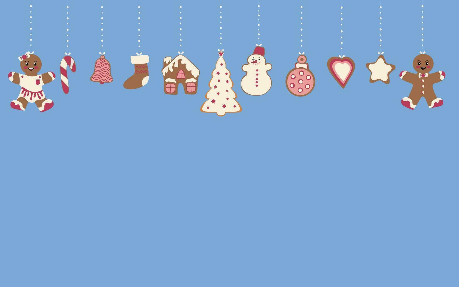 A Merry Christmas card. Gingerbread cookies in the form of a snowman, a Christmas tree and gingerbread men and various Christmas tree toys. Celebrating New Year and Christmas vector