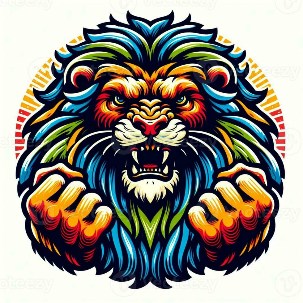 AI generated illustration of colorful angry lion suitable for apparel design photo