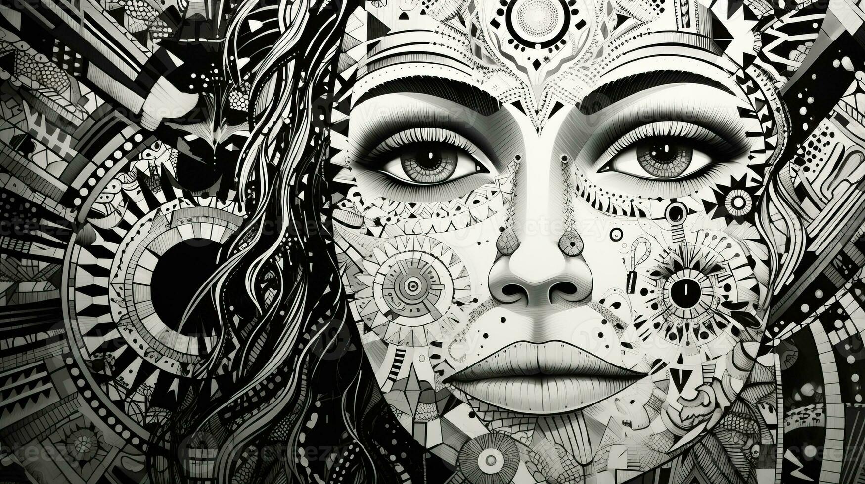 AI generated Woman face in a black and white version. Abstract geometric design photo