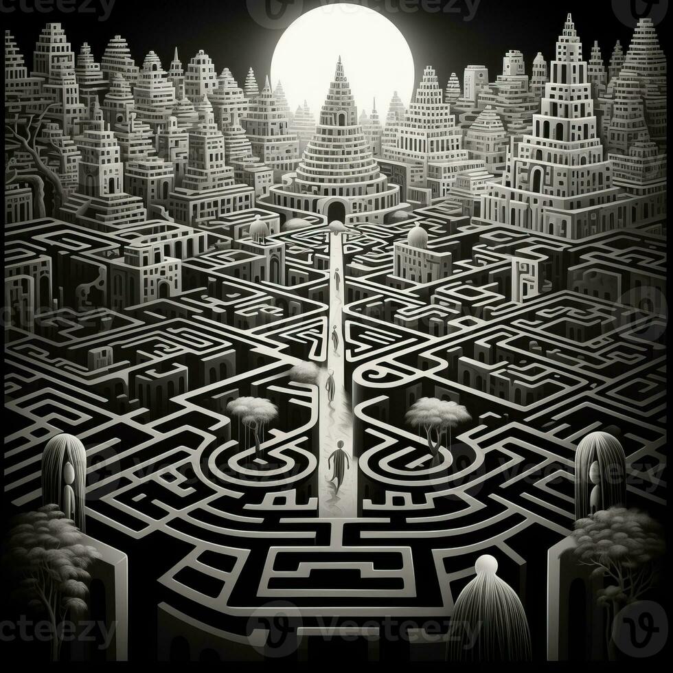 AI generated Black and white grunge geometric tribal labyrinth. Surreal style. photo