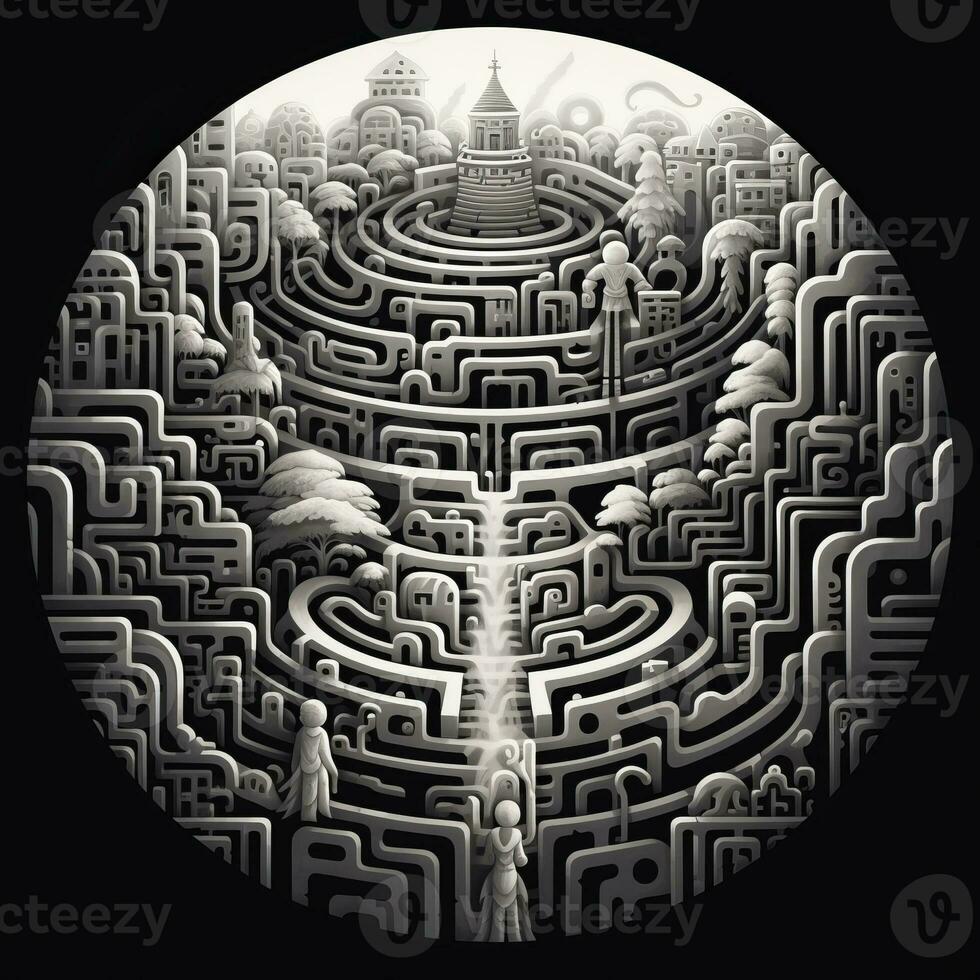 AI generated Black and white grunge geometric tribal labyrinth. Surreal style. photo