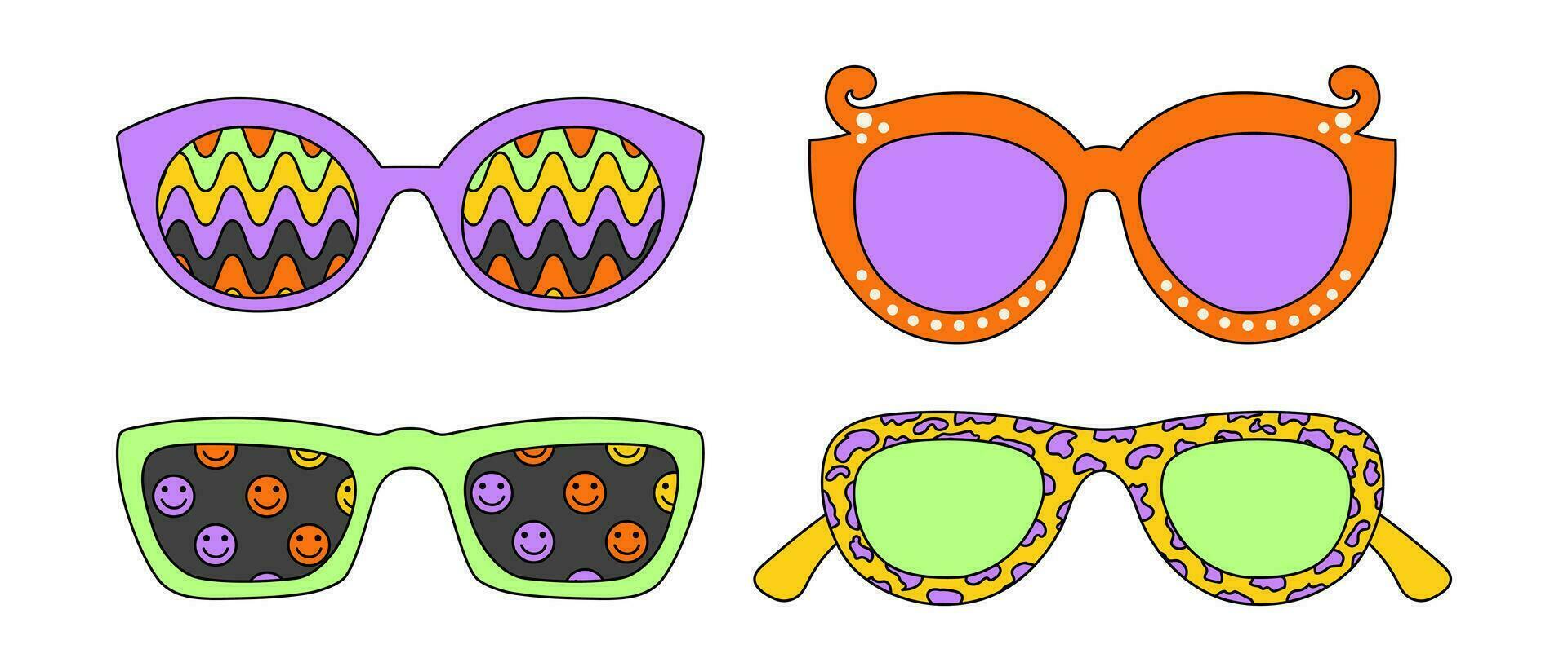 Psychedelic sunglasses with retro patterns. Vintage 70s style. Vector illustration.