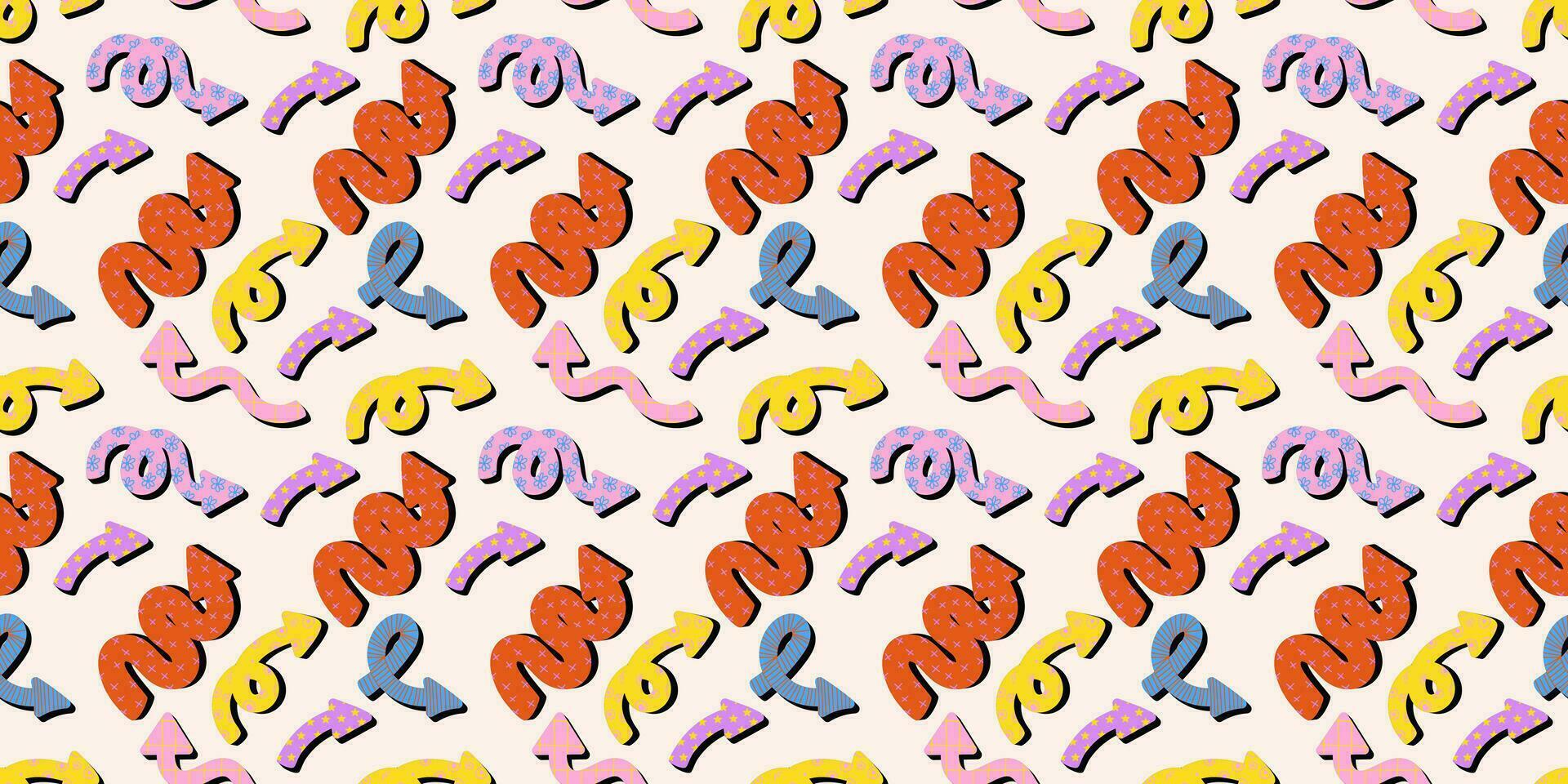 Naive playful arrows in trendy retro memphis style with vector texture. Direction indicators seamless pattern.