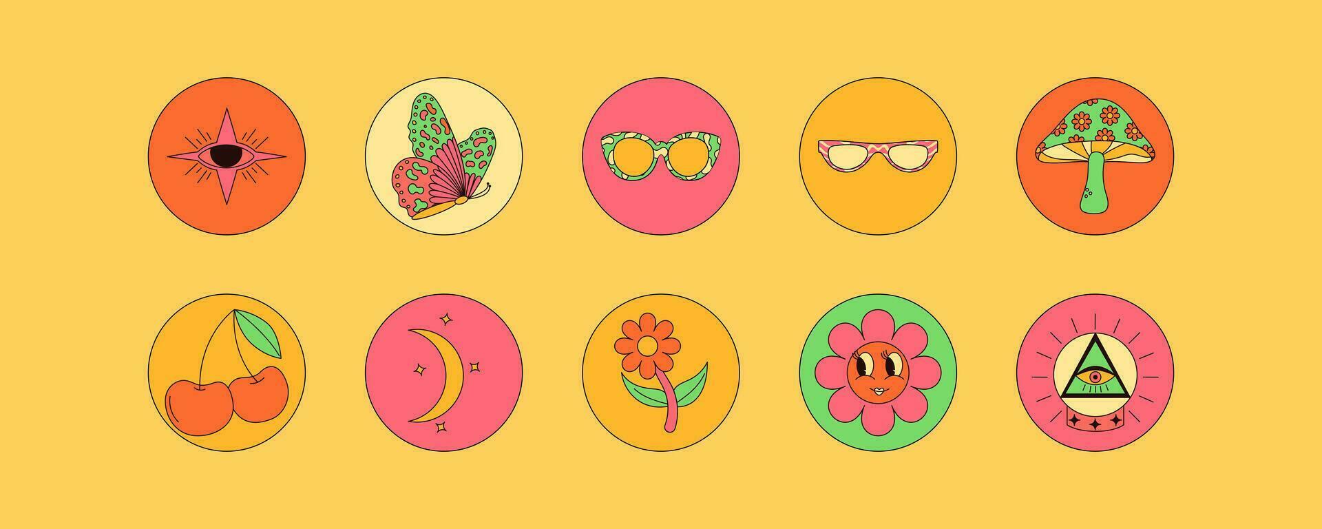 Collection of vintage groovy elements. Mushrooms, flower, cherry, eyes, sunglasses and more. Retro vector art