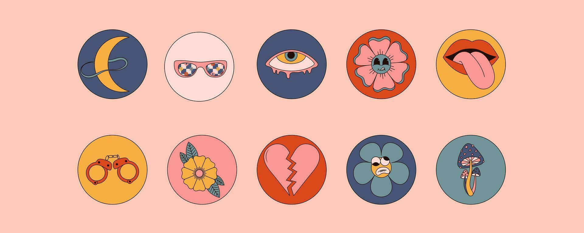 Set of groovy stickers. Mushrooms, flowers, lips , heart, sunglasses and more . 70s-inspired vector graphics .