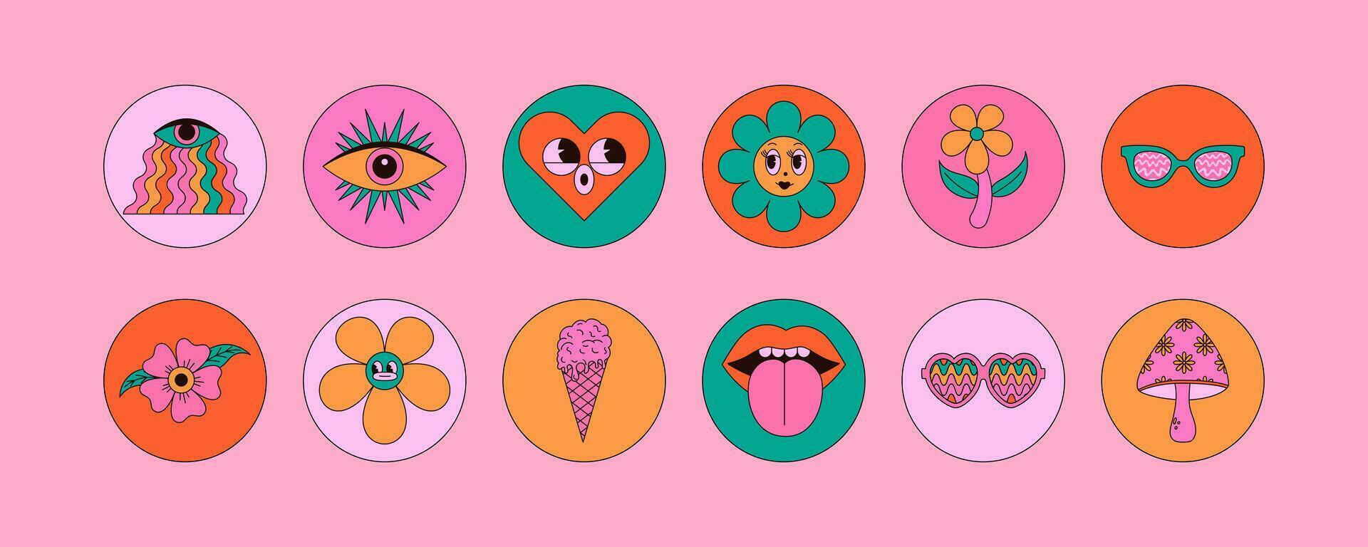 Set of psychedelic circle stickers with groovy elements. Mushrooms, heart, flower, lips, eyes, sunglasses and more. Vintage vector illustrations.
