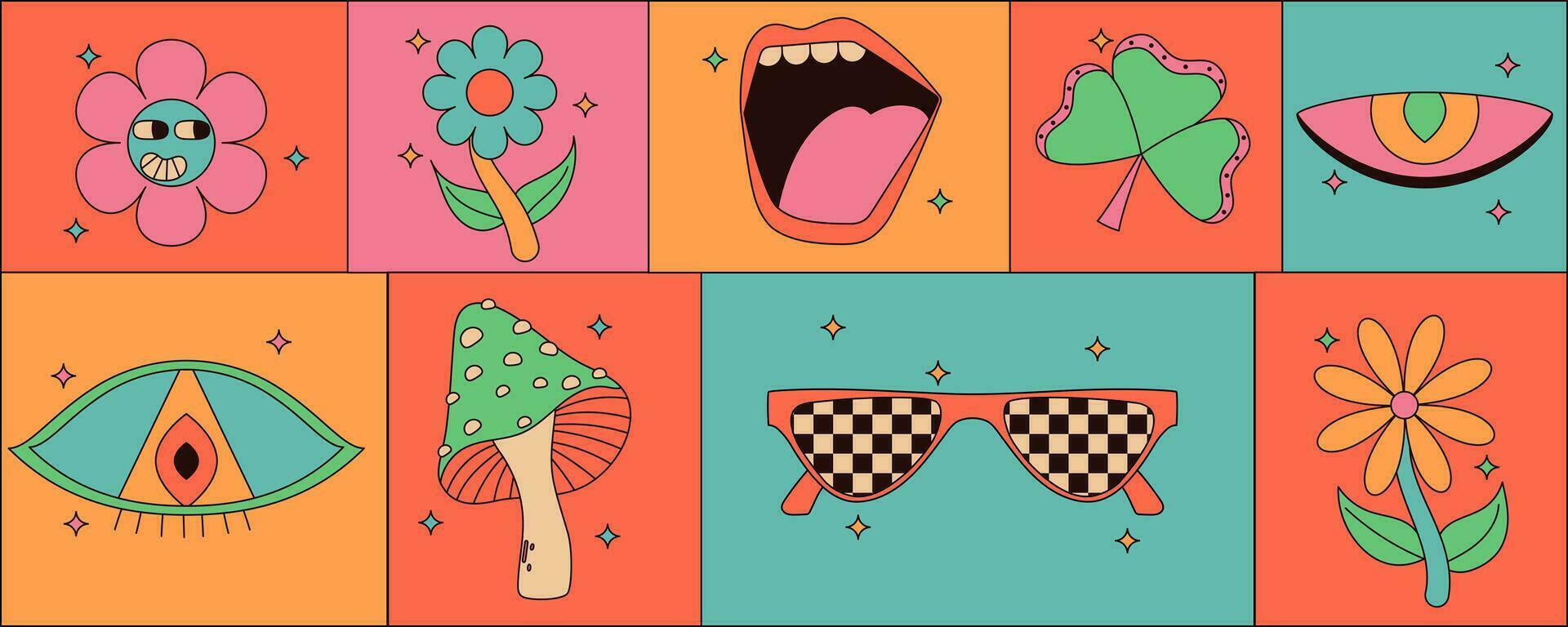 conjunto de Clásico hippie pegatinas con psicodélico hongos , flor, labios, ojos, Gafas de sol y más. retro vector gráficos