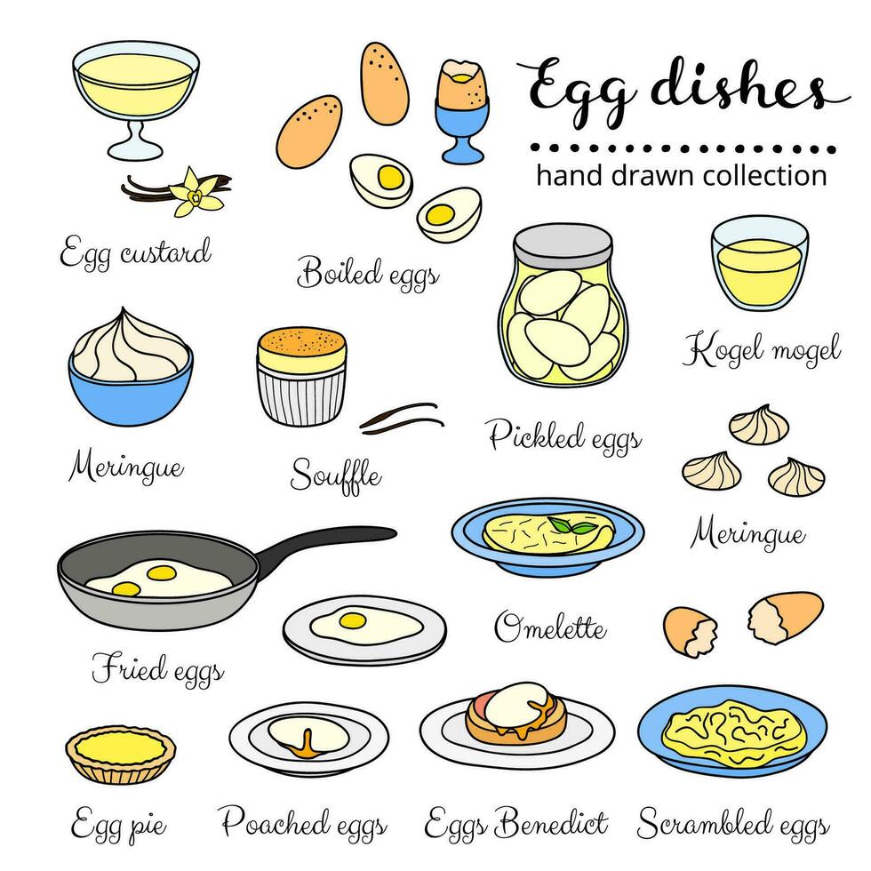 Set of hand drawn egg dishes. vector