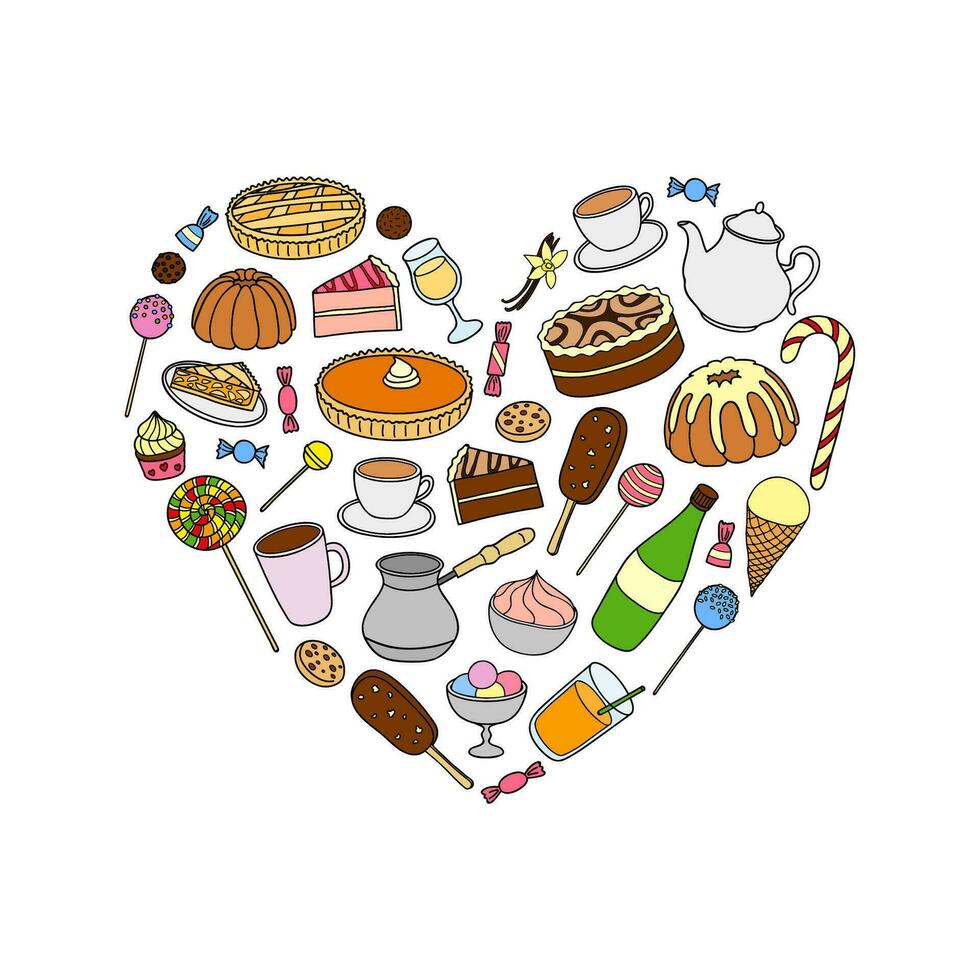 Hand drawn sweets in heart shape. vector