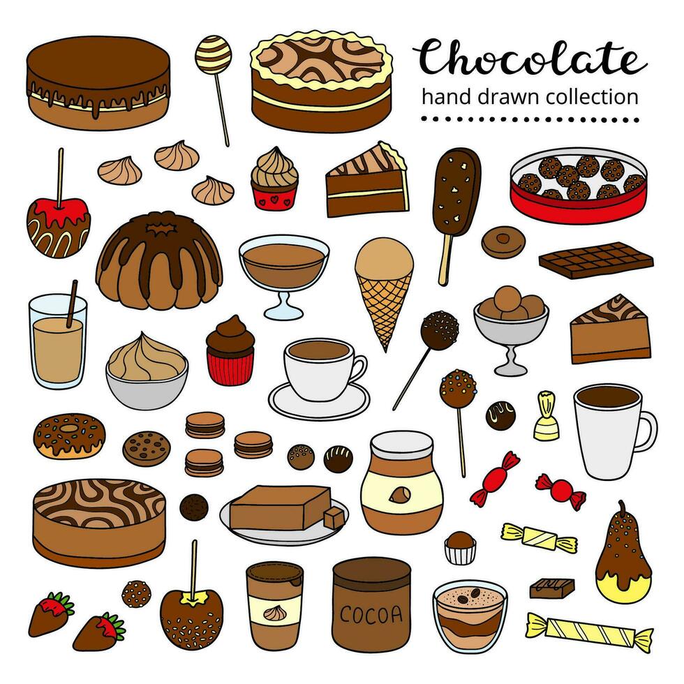 Set of doodle chocolate and cocoa products. vector