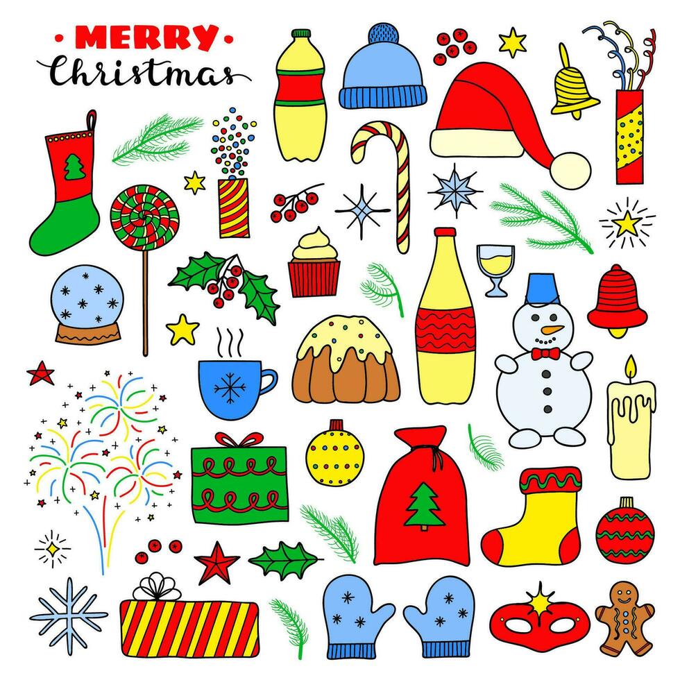 Set of Christmas and New Year doodle items. vector