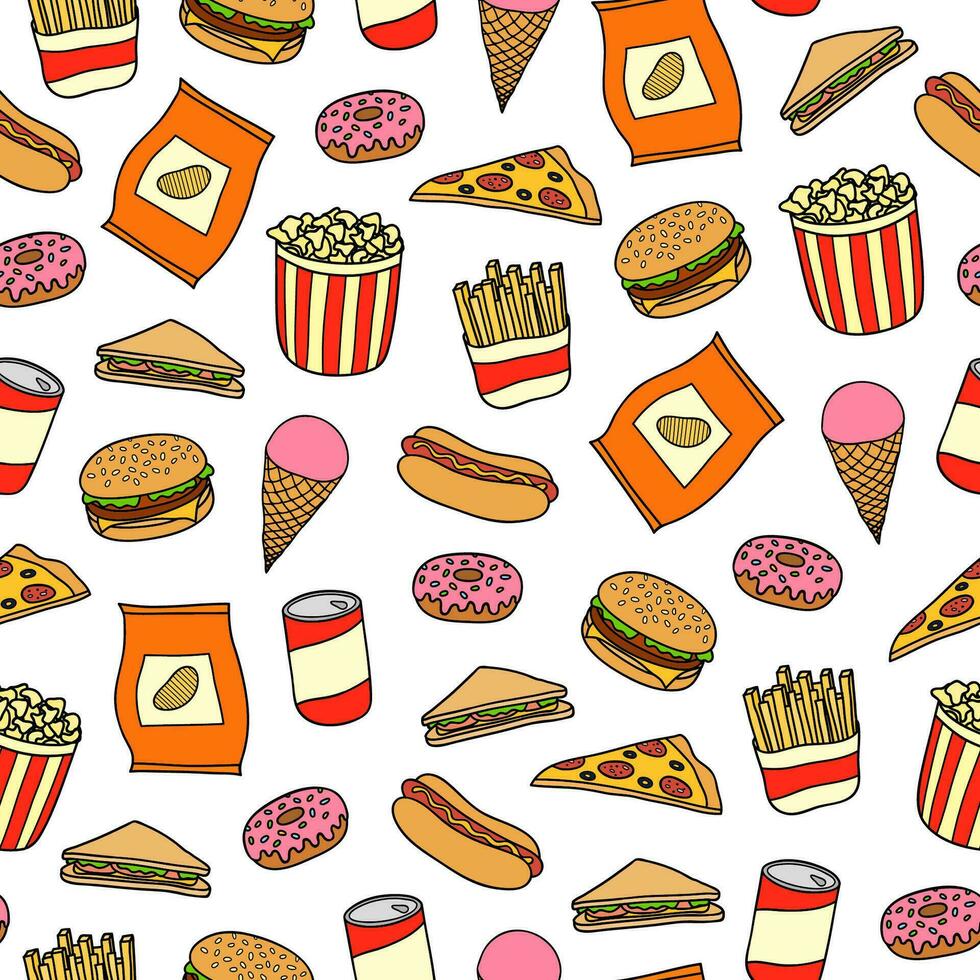 Seamless pattern with fast food meals. vector