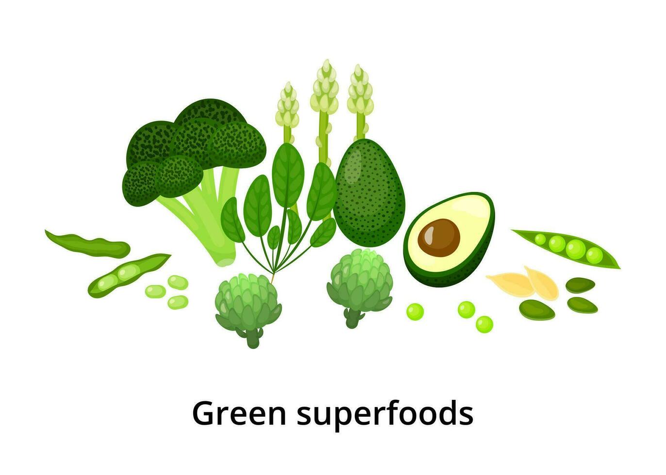 Green cartoon superfoods. vector