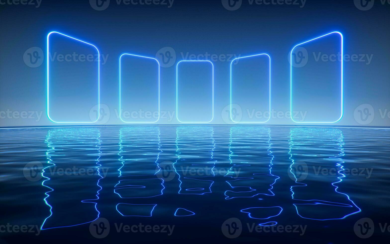 Glowing neon lines with water surface background, 3d rendering. photo