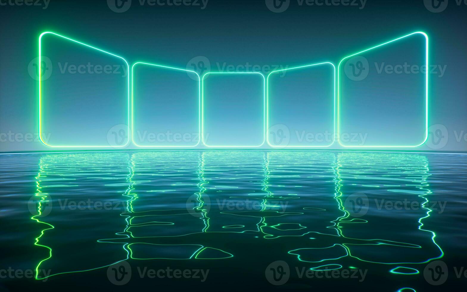 Glowing neon lines with water surface background, 3d rendering. photo